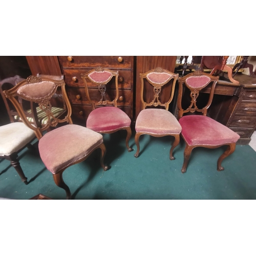 13 - Matching Set of 4 Victorian Rosewood Sitting Room Chairs, with shell shaped pediments & pink padded ... 