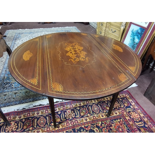 130 - Nice shell-inlaid 19thC Mahogany Pembroke/Centre Table, with oval shaped drop leaves and an apron dr... 