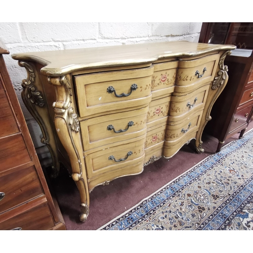 142 - Mid-20thC Chest of Three Drawers, painted yellow with red floral and leaf décor  nicely serpentine ... 