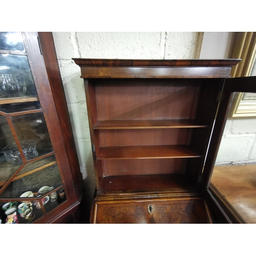 144 - Compact Antique Continental Walnut Bureau Bookcase, the single glazed door over a fall front bureau ... 