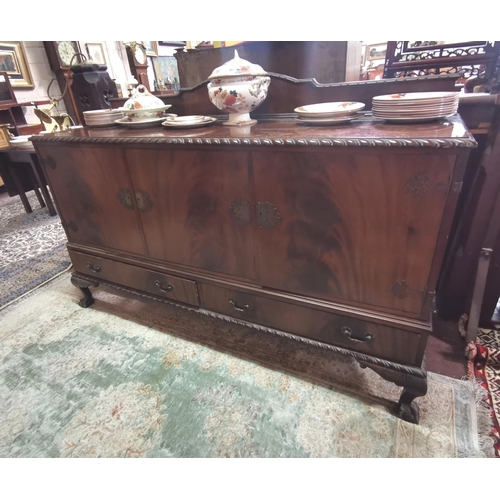 149 - 1950s long Mahogany Sideboard, 3 cabinets and 2 long drawers on ball and claw feet, size