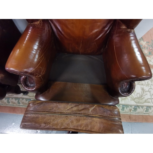 15 - Matching Pair of large Brown Leather High-back Armchairs, with similarly covered cushion seats, on Q... 