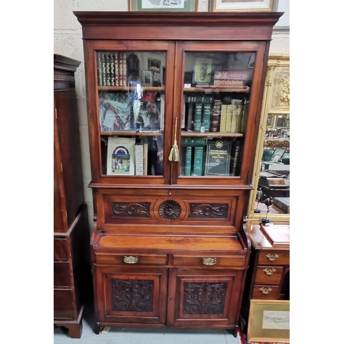 166 - Fine Edwardian Walnut Bookcase, good polished condition, two glass doors enclosing shelves, over a c... 