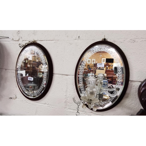 185 - Matching Pair of Antique Oval Wall Mirrors, on red velvet backs, floral décor, (sconces are incomple... 