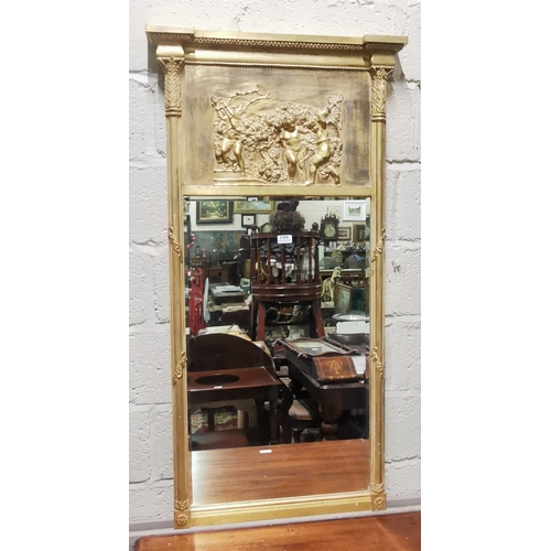 199 - Caved gilt framed Pier Mirror, featuring corinthian columns and a cherub decorated frieze, bevelled ... 