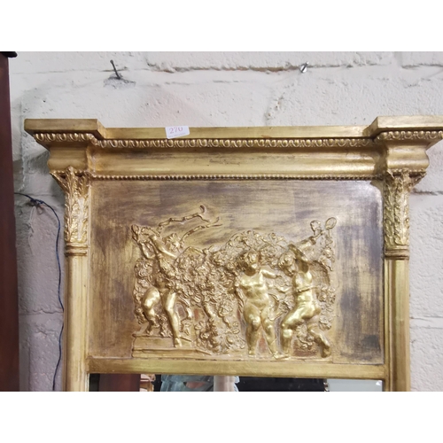 199 - Caved gilt framed Pier Mirror, featuring corinthian columns and a cherub decorated frieze, bevelled ... 