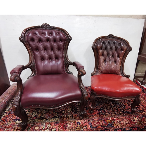 2 - Pair of Mahogany Framed 19thC Lady's and Gents Armchairs, 1 with old brown leather covered seat, on ... 