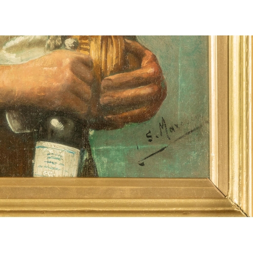 215 - S MAXWELL, Oil, Lets Drink to That (Portrait of a Jovial Man), signed, in a boxed frame, painted g... 