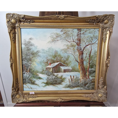 219 - Oil on Canvas by Cafker, Winter Forest Scene with Cabin, ornamental gold frame, 65 x 75cm