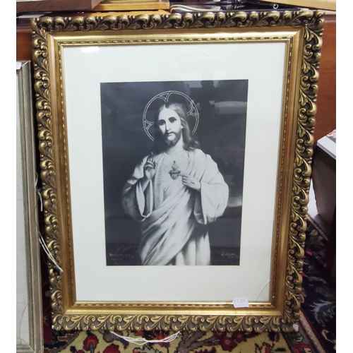 231 - Sacred Heart of Jesus Print, in a cream mount and decorative gilt frame & Needlepoint Picture - Cast... 