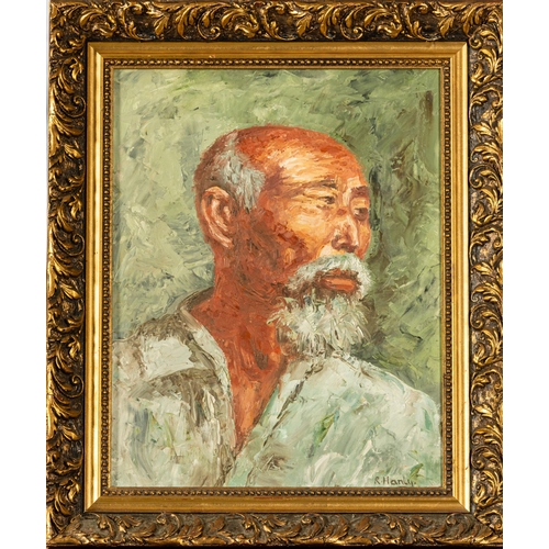 233 - R HANLY, Contemporary Portrait of an Oriental Man, oil on board, in an ornate gold frame, 59 x 49cm