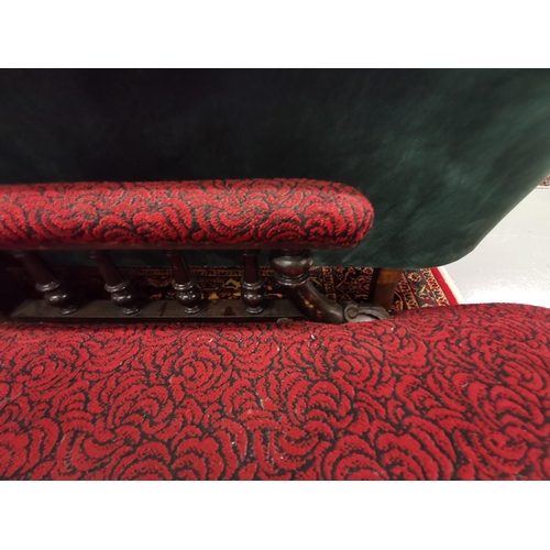 25 - Victorian walnut framed Chaise Longe , scrolled back, on turned legs, red fabric, 185cmW