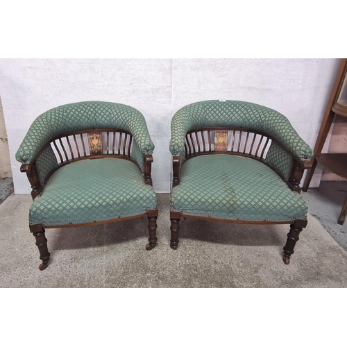 27 - Matching Pair of Edwardian Rosewood Drawing Room Chairs, nicely inlaid, covered with green damask fa... 