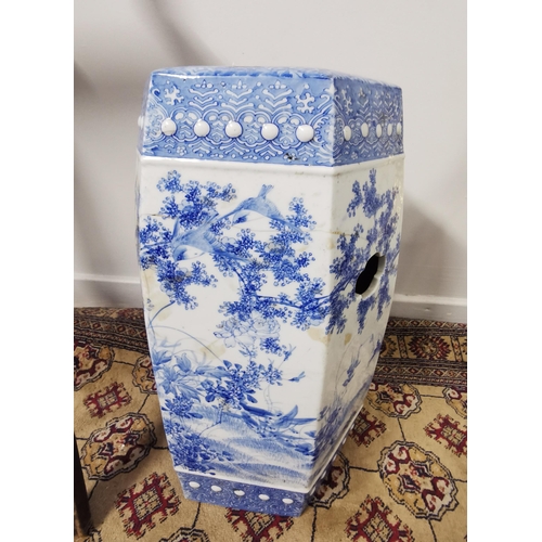 293 - Blue and white Ironstone Stool (damaged and repaired), decorated with a garden scene, hexagon shaped... 