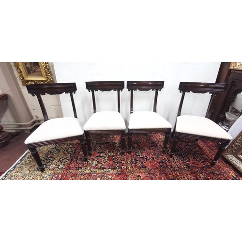 30 - Set of 4 Mahogany Dining Chairs, scroll designs to the curved upper rails, cream velour covered seat... 