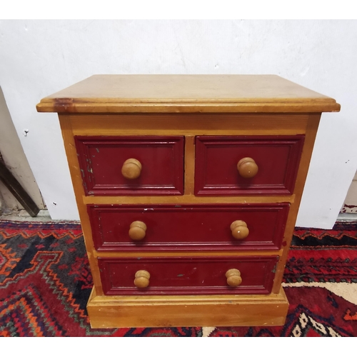 308 - Low Pine Chest of Drawers with turned pine drawer knobs, red painted front, 50cmW x 56cmH