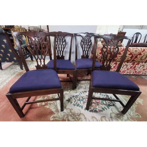 31 - Matching Set of 4 Mahogany Chippendale Style Dining Chairs, with square chamfered legs, navy fabric ... 