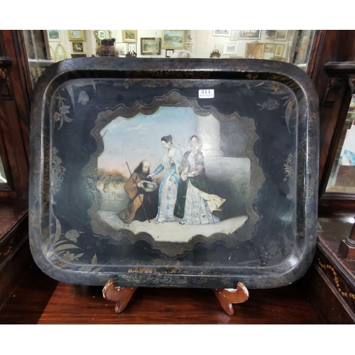 311 - Antique Lacquered Enamel Tray, nicely painted with Victorian Scene 