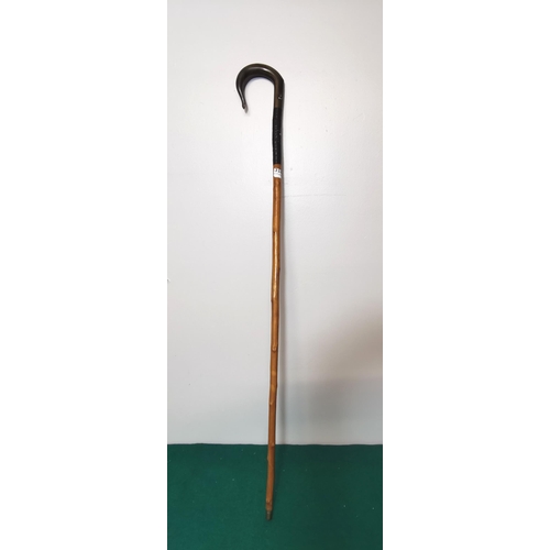 314 - Tall wooden Shepherds Crook, with a curved bone handle, brass toe (taping to the body)