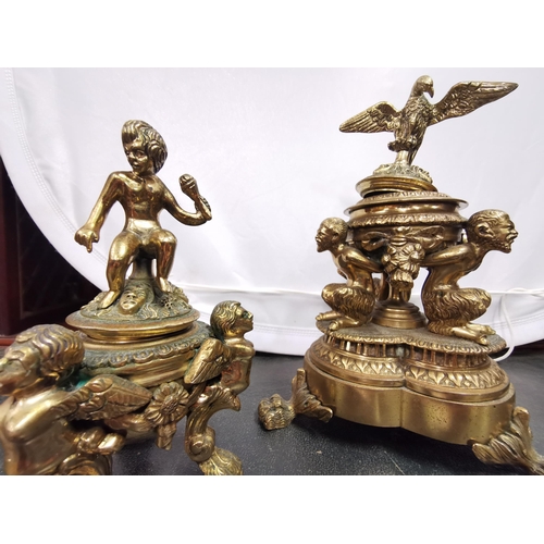 327 - 3 Piece Continental decorative Brass Desk Set including one large Inkwell (supported by figures, wit... 