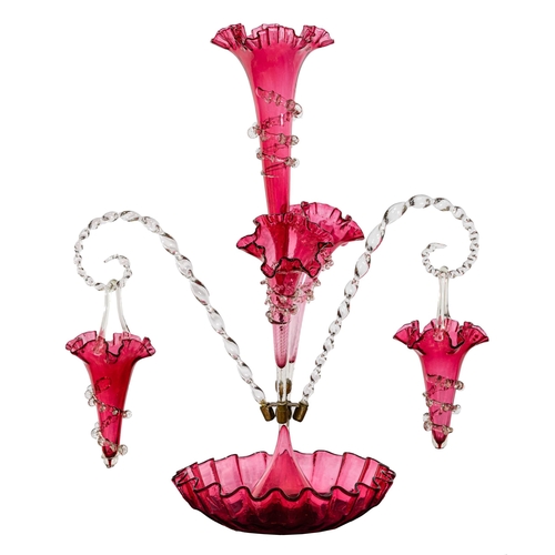 342 - Victorian Red Glass Epergne, the centre stem supporting 2 cones and 2 barley twist stems and 2 accom... 