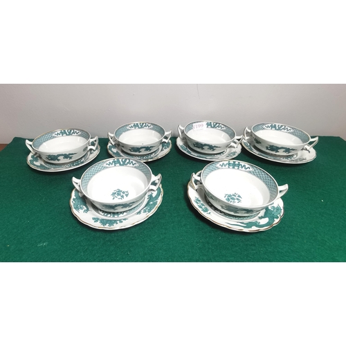 344 - Six English china Soup Bowls (gold rimmed) with saucers (Booths Green Dragon Pattern).