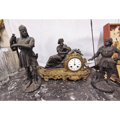 347 - Antique Mantle Clock, mounted with a large figure of a Scholar and with two spelter warrior figures ... 