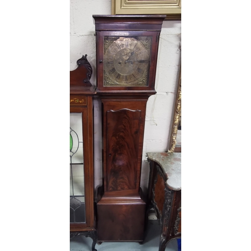 350 - Early Grandfather Clock with an engraved brass dial, in a flame mahogany case (with weights and pend... 