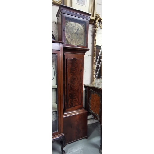 350 - Early Grandfather Clock with an engraved brass dial, in a flame mahogany case (with weights and pend... 