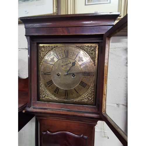 350 - Early Grandfather Clock with an engraved brass dial, in a flame mahogany case (with weights and pend... 