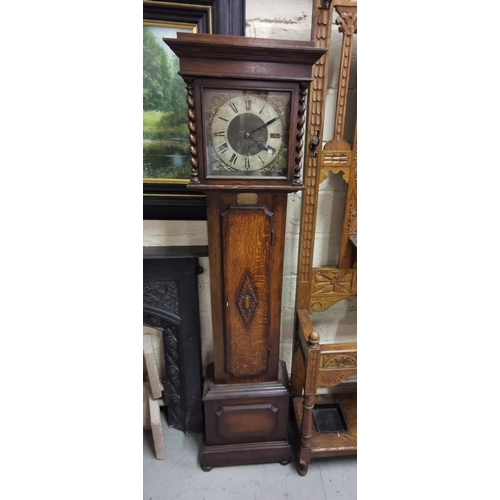 352 - Early 20thC Grandfather Clock, in an Oak Case (with presentation label dated 1925), key wind movemen... 