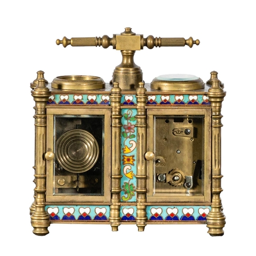 357 - Small cloisonne / art nouveau design double carriage clock with barometer (a reproduction piece), 13... 