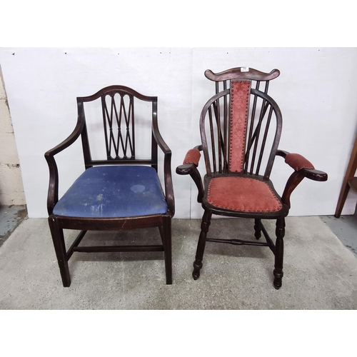 36 - Oak wheel-back design Armchair (pink velour padding) & a Hepplewhite Carver Chair, blue padded seat ... 