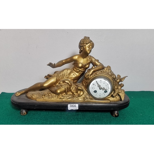 366 - Mid 20thC Mantle Clock (striking movement), supporting a figure of a reclining classically dressed w... 