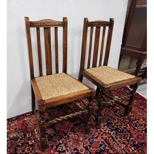 37 - Matching Pair of Oak Side Chairs with barley twist stretchers, removable padded seats, rail backs (g... 