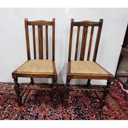 37 - Matching Pair of Oak Side Chairs with barley twist stretchers, removable padded seats, rail backs (g... 