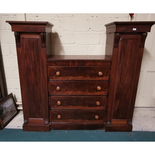 390 - 19thC Mahogany Compactum Wardrobe, with two hanging closets on either side of 4 long centre drawers,... 