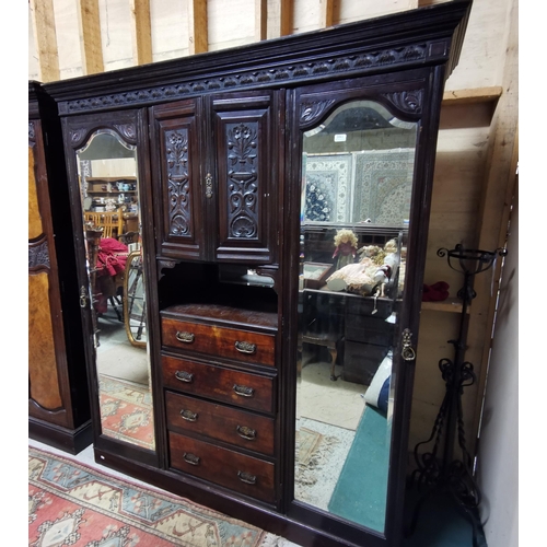 391 - Edw. Walnut Large Wardrobe, with 2 mirrored doors and 4 drawers between, 208cmH x 172cmW