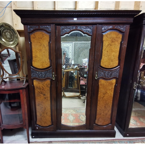 392 - Edw. Walnut Wardrobe, featuring carving, 1 mirrored door, 211cmH x 170cmW