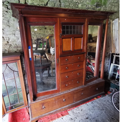 397 - Arts & Crafts Mahogany Wardrobe, with 2 mirrored doors and a series of drawers, 205cmW x 200cmH