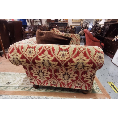 4 - Large Rolltop design 3-Seater Sofa, with a single cushion seat, red and beige fabric, on turned fron... 