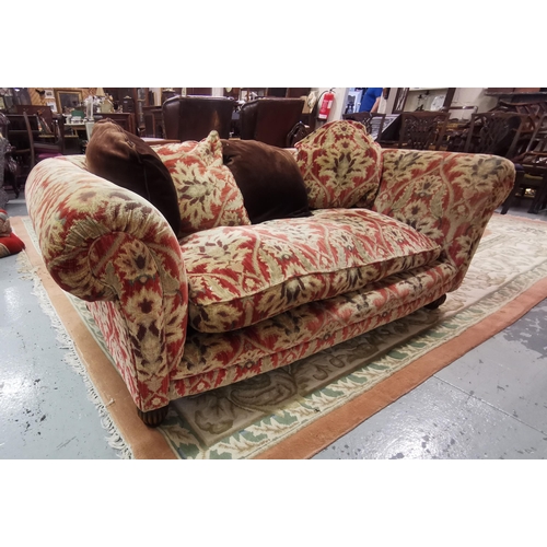 4 - Large Rolltop design 3-Seater Sofa, with a single cushion seat, red and beige fabric, on turned fron... 