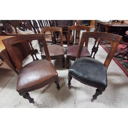 40 - Set of 3 Victorian Spoon Back Dining Chairs, brown leatherette seats & a similar single Vict. Chair ... 