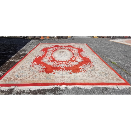 400 - Large Chinese Wool Floor Rug, red ground with central cream and blue/light green floral medallion, 3... 