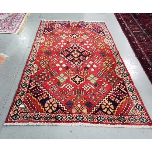 403 - Fine handwoven, Persian Village Rug, central medallion designed with all over diamond pattern, red g... 