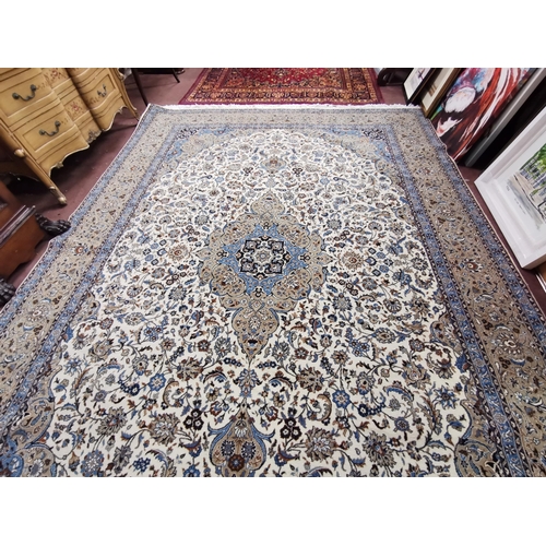 417 - Large full pile wool blue and ivory ground Iranian carpet, traditional floral pattern, 3.3m x 2.4m