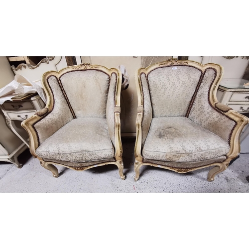 42 - Matching Pair French Carved Salon Armchairs, painted cream, gold highlights, cab legs, light gold fa... 