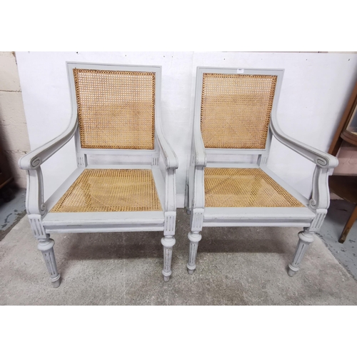 44 - Pair of large blue/grey painted timber Armchairs with bergere seats and backs and reeded legs