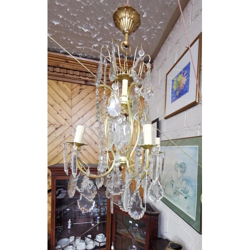 444 - Bright Gilt Framed Chandelier, 4 branch, with large pear and tear shaped crystal drops, 70cm H (with... 