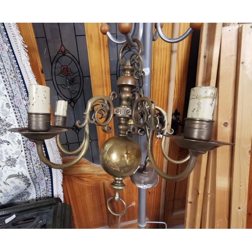 447 - Heavy Brass 5-branch Ceiling Light, bulbous centre